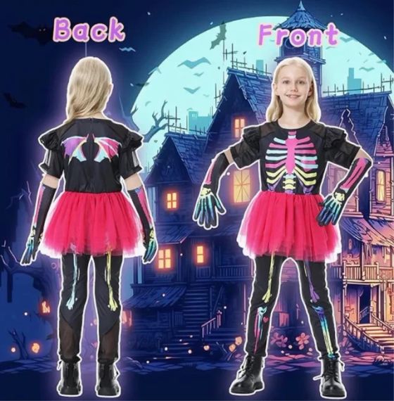 Костюм скелета для дівчинки 110 см 4-5 р комбінезон з принтом кісток, рожевою спідницею рукавичками для Хелловіна | Зображення 2