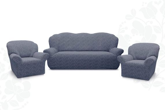 Жаккардовый чехол на диван + 2 кресла без юбки Серый