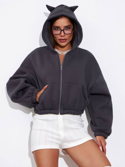 Женское теплое укороченное худи на флисе с рожками LU607, цвет темно-серый (графит), размер 46/48