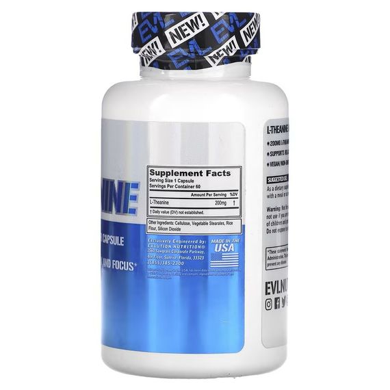 L-теанін Evlution Nutrition L-Theanine 200 mg 60 Veggie Capsules | Зображення 1