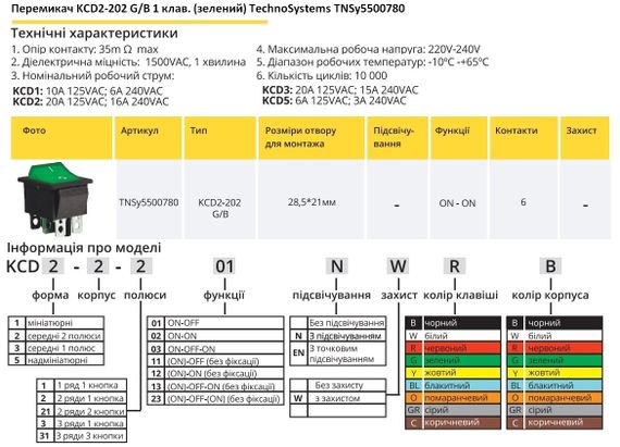 Переключатель KCD2-202 G/B 1 клавиша зеленая Ny95500780 | Зображення 1