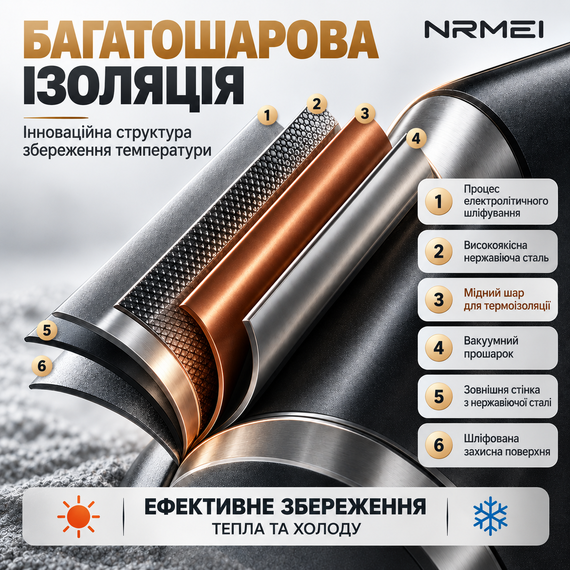 Термобутылка NRMEI 1000 мл, стальная вакуумная термобутылка для воды и напитков, черная | Зображення 5