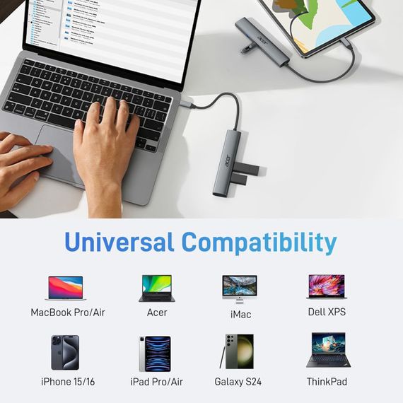 Концентратор Acer 5-в-1 USB-C — багатопортовий адаптер із 4K HDMI, потужністю 100 Вт і 3 портами USB-A | Зображення 6