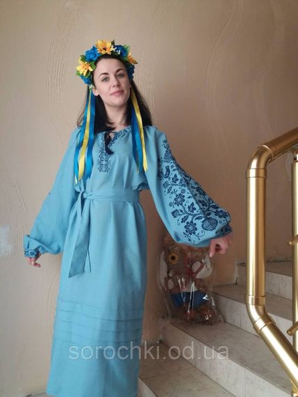 Платье женское ,голубое , с вышивкой, в этническом стиле ," цветы" домотканное полотно | Зображення 1