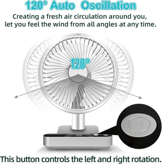 Компактный настольный вентилятор USB с аккумулятором, 4 скорости, 4000 мАч, 120° вращения, тихий портативный | Зображення 5