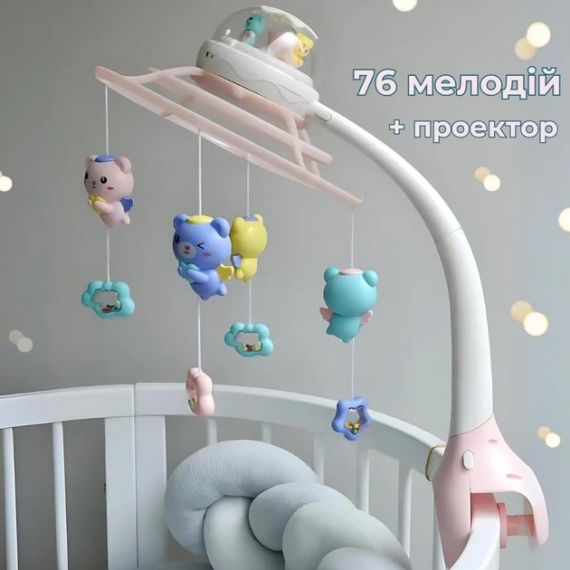 Дитячий музичний мобіль на ліжечко з проектором мобілі для немовлят на 76 мелодій блакитний  для дівчинки