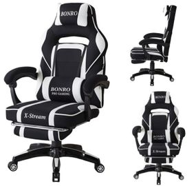 Крісло геймерське з тканини Bonro Бонро B-141 чорно-біле з підставкою для ніг (42401112)