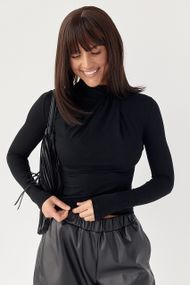 Приталений лонгслів із оригінальною горловиною - чорний цвет, M (є розміри)