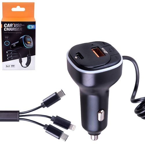 Модулятор FM 5в1 С31 12-24v USB 5V-3.1A Type C 5V-3.1A 3in1 charging cable BT5.0 RGB-ambient light
