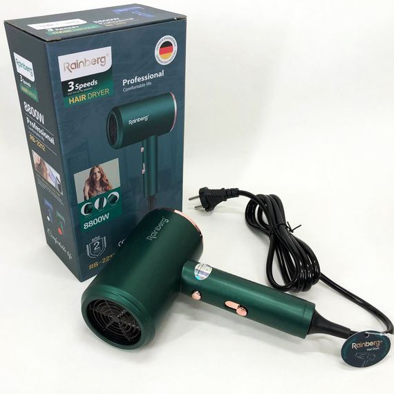 Фен Rainberg RB-2212 8800 W с регуляцией температуры и скорости для сушки и укладки волос. UZ-372 Цвет: зеленый | Зображення 5