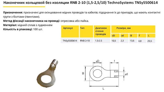 Наконечник кільцевий без ізоляції RNB 2-10 (1.5-2.5/10) Ny95500614 | Зображення 1