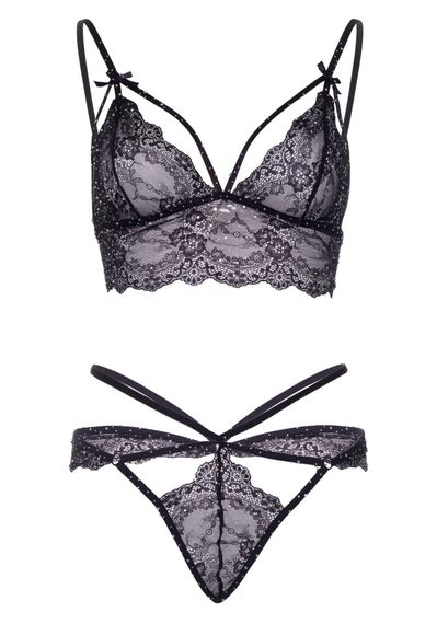 Еротичний комплект зі стрепами та стразами Leg Avenue Ready Or Not M Black, бра + стрінги | Зображення 4