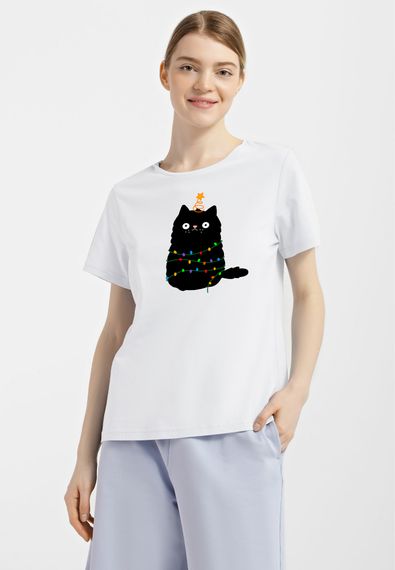 Футболка жіноча біла з принтом "Чорний кіт", 2XL