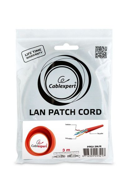 Патч корд Cablexpert PP6U-3M/R, UTP, категорія. 6, литий,  50u" штекер із фіксатором, 3 м, червоний | Зображення 3