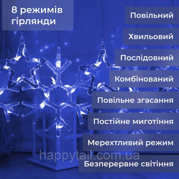 Гірлянда штора 3х0,9 м сніжинка зірка на 145 LED лампочок світлодіодна 10 шт 1733065ML Синій | Зображення 4
