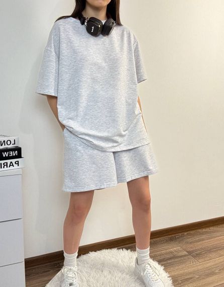 Женский летний костюм оверсайз футболка и шорты SSH668, цвет серый, размер единый 42/46 | Зображення 4