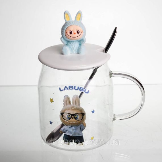 Новорічна велика скляна чашка "Лабубу" з кришкою та ложкою 600 мл, Святкова кружка чашка для дітей на подарунок Блакитний FM-56D | Зображення 1