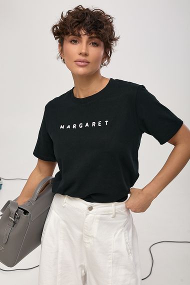 Трикотажна футболка з вишитим написом Margaret - чорний цвет, ONE SIZE (є розміри) | Зображення 4