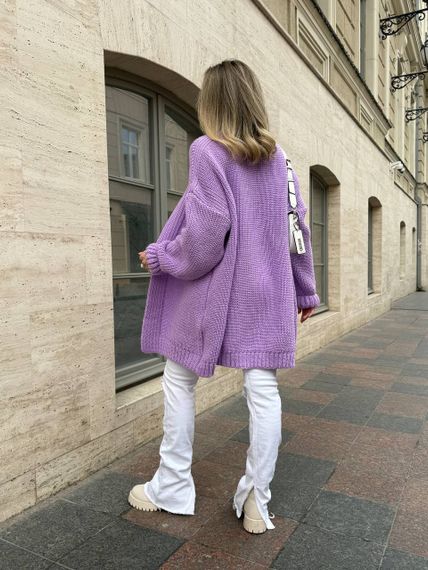 Женский вязаный теплый кардиган оверсайз цвет сиреневый размер onesize 44-54   ML5009 | Зображення 5