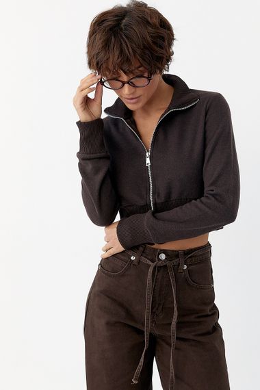 Короткий кардиган на блискавці з коміром-стійкою - коричневий цвет, M (є розміри) | Зображення 4