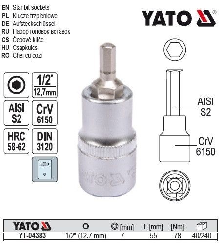 Головка торцева вставка 6 гранна HEX 1/2" М7х55 мм Польща YATO YT-04383 | Зображення 1