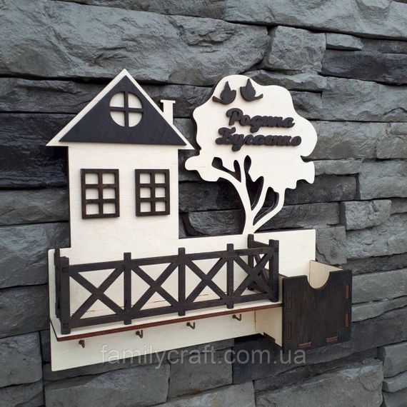Именная настенная ключница с полочкой и органайзером Family Craft венге, деревянная вешалка для ключей на 4 крючка | Зображення 2