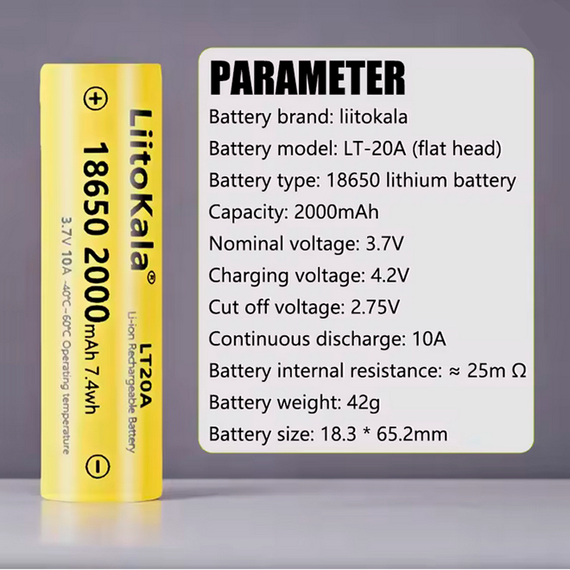 Акумулятор 18650, LiitoKala LT20A, 2000 мАг, оригінал | Зображення 1