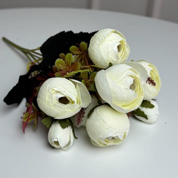 Букет Ранункулюсів штучний, 30 см, 5 стебел, 8 квіток/мікс (2 букети в уп.). Колір: білий