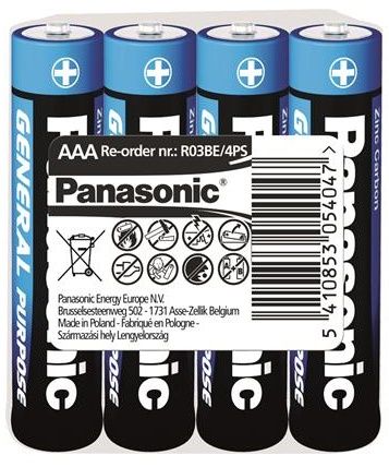 Батарейка Panasonic GENERAL PURPOSE угольно-цинковая AAA(R3) пленка, 4 шт. (R03BER/4PR)