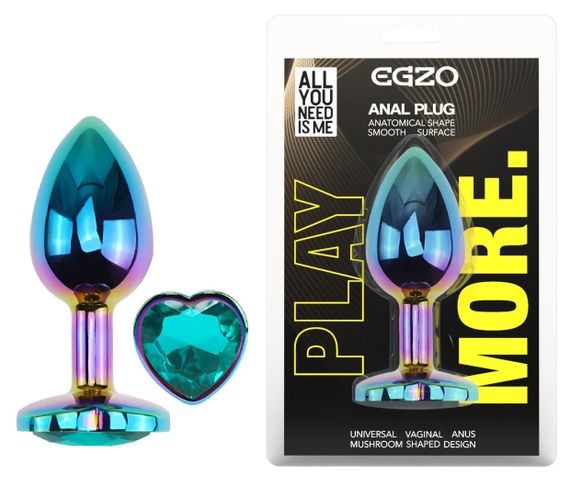Анальна пробка Egzo Multicolor Heart Plug S з бірюзовим кристалом та сталевим корпусом Sex Aura