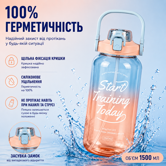 Спортивная бутылка для воды 1500 мл (1.5 л) с трубочкой и ремешком, Градиент Голубой | Зображення 4