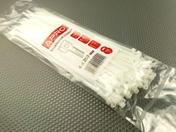 Хомут пластиковий APRO 250х4 (100 шт. у уп.) білий, 1 ПАКОВКА (CT-W4250)