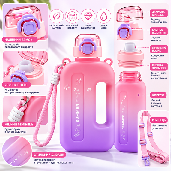 Спортивная бутылка для воды SUMMER 750 мл BPA-free, многоразовая пластиковая бутылка с розовым градиентом | Зображення 2