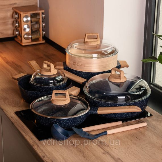 Набір посуду MGC 2 каструлі, 2 сковороди, сотейник, пароварка, ополоник, лопатка, фартух HP-4-412BL | Зображення 6