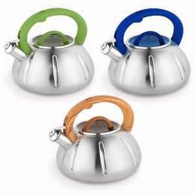 Чайник 3л із нержавіючої сталі зі свистком і скляною кришкою (ручки: зелена, синя, дерево) KAMILLE 0
