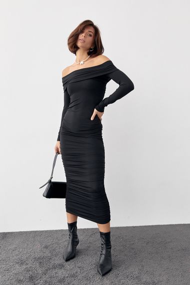 Силуэтное платье с драпировкой и открытыми плечами - черный цвет, S (есть размеры) | Зображення 5
