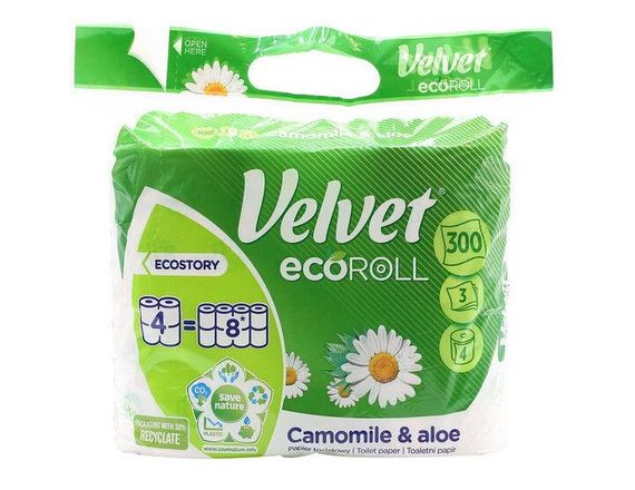 Velvet туалетний папір Camomile&Aloe Eco Roll 4=8 рулонів 3 шари 300 відривів