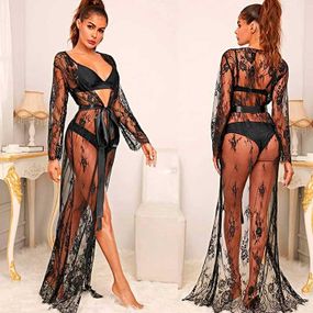 Еротичні гіпюровий халатик у підлогу — S/M — Еротична білизна