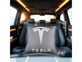 Авто Подушка c вышивкой логотипа марки Тесла Tesla серый автомобилисту 02222