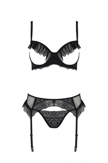 Полупрозрачный комплект белья Passion Kerria с кружевом и открытой грудью, черный, S/M sexstyle | Зображення 2