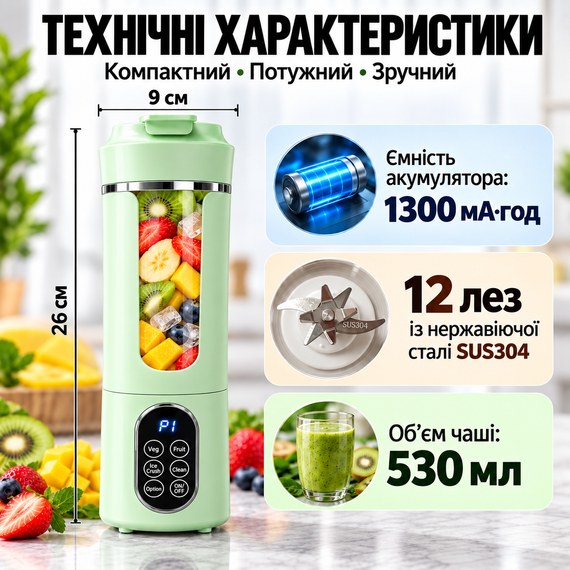 Портативный блендер-шейкер HS-889 530 мл, 12 лезвий SUS304, аккумулятор 1300 мАч, USB Type-C, для смузи и коктейлей, зеленый | Зображення 7