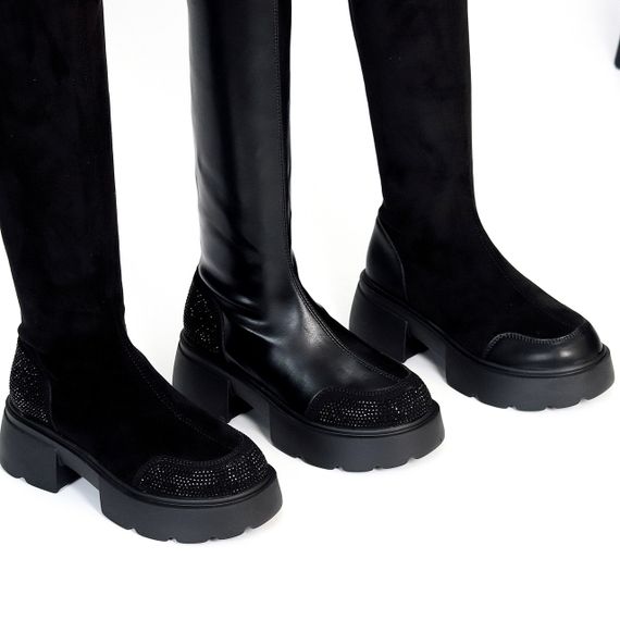 Ультра модні чорні чоботи стрейч ботфорти на тракторній підошві | Зображення 9