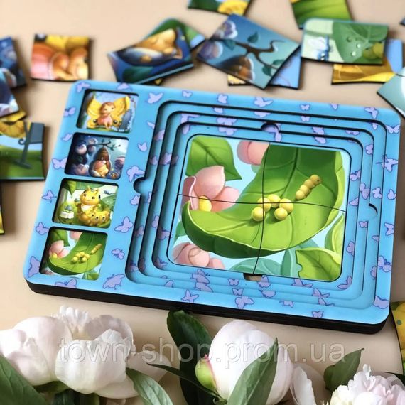 Деревянная настольная игра "Этапы развития бабочки" Ubumblebees (ПСФ017) PSF017 сортер-пазл | Зображення 4