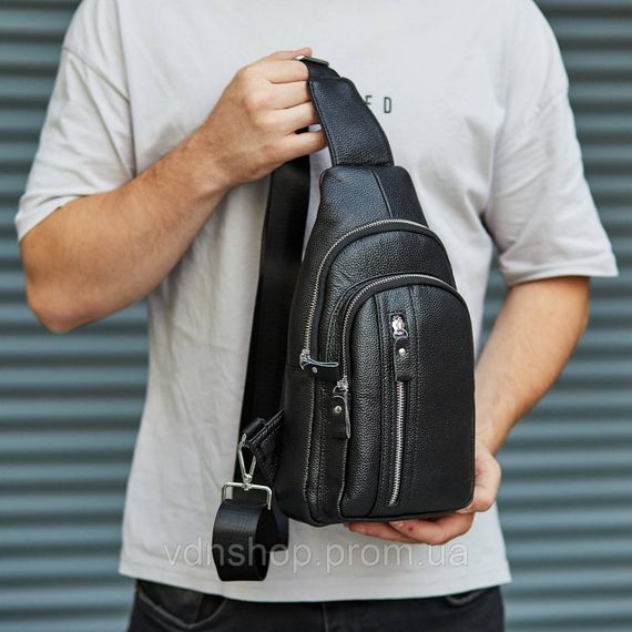 Сумка-слинг мужская на одно плечо 18х32х7, нагрудной рюкзак из натуральной кожи 74521 черный | Зображення 4