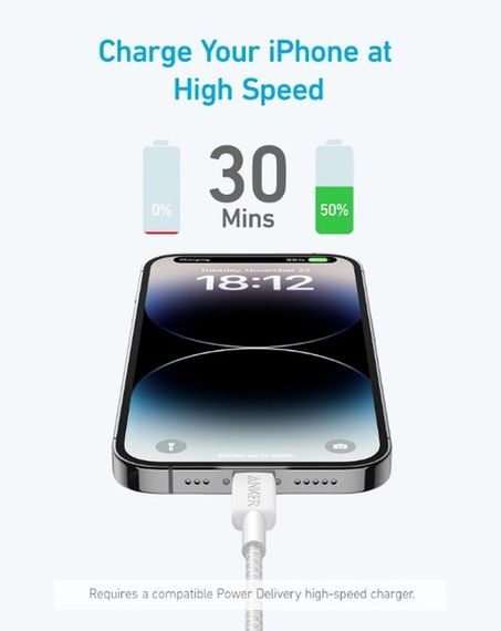Кабель Anker 322 USB-C to Lightning - 0.9m Nylon White | Зображення 1