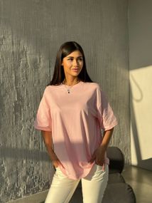 Женская футболка оверсайз трикотажная однотонная KV2024 цвет розовый, размер 42/52 onesize