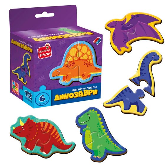 Детские магнитные пазлы "Динозавры" VT1733-01, 6 картинок | Зображення 1
