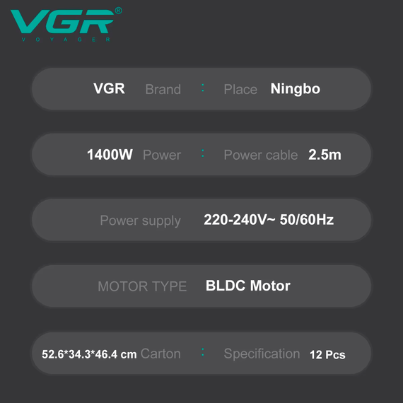 Фен професійний VGR V-431 RED, 2 рівні обдування, 2 рівні температури, насадка-концентратор | Зображення 1