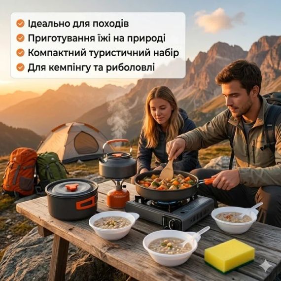 Набор туристической посуды 7 в 1 из анодированного алюминия, походный комплект для кемпинга на 2–3 человека с кастрюлями, сковород | Зображення 2