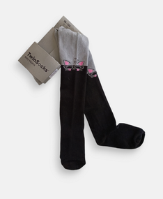Колготки дитячі ТМ TwinSocks для дівчинки кішка з окулярами: сірий/чорний, молочний/шоколад, рожевий/сірий Сірий + чорний, 98-104